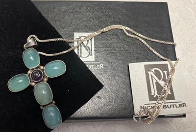 Nicky Butler MOONSTONE & AMETHYST CROSS Pendant & 20" STERLING SILVER Box Chain - Image 1 of 4