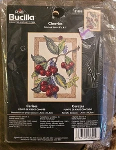 Vntg PLAID BUCILLA Cherries #43602 (4.5" x 6.5") Cross Stitch Kit 2004 NEW - Picture 1 of 2