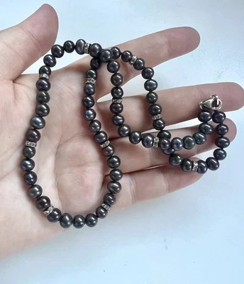 Collar de perlas barrocas negras iridiscentes chapadas en oro vintage Estate 17" Foto 1 de 3