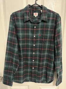 Levi's men's flannel shirt Medium green & black plaid cotton RARE BLANK RED TAB - Picture 1 of 8