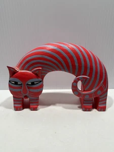 Vintage MCM Laurel Burch Hand Carved Arched Wooden Cat Gray Stripes - Picture 1 of 9