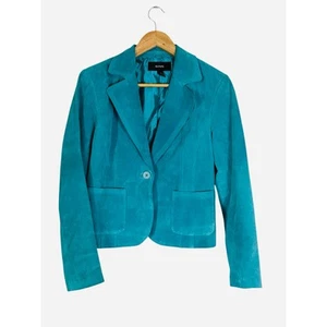 Alfani Suede Leather Jacket Small Teal Blue Button Front Soft Stylish Outerwear - Picture 1 of 5