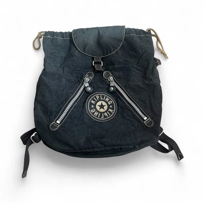 De colección Y2k Kipling Rocksack Nylon Cordón Mochila Off Black Crinckle Foto 1 de 4