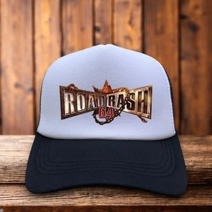 Road Rash 64 Mens Trucker Hat Black Snapback Motorcycle 90s Video Game Retro Cap - Picture 1 of 6