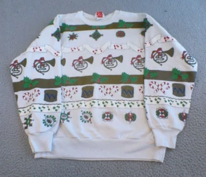 Vintage Christmas Sweater Youth Medium White Striped Candy Canes Music Notes - Picture 1 of 16