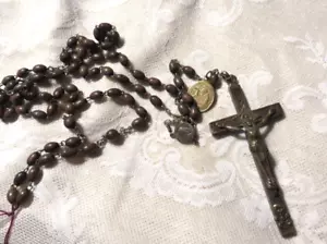 Antique Franciscan 7 Decades Rosary Crucifix Skull Crossbones St Francis Medal - Picture 1 of 7