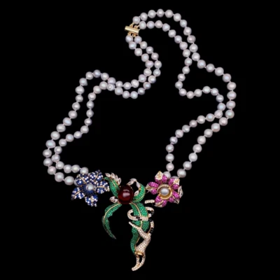 Collar de perlas grises de 2 hilos collares llamativos collares grandes con flores pavé de circonita grande Foto 1 de 4