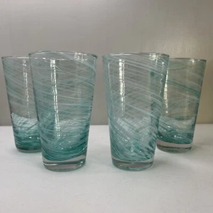 4 - Vintage Heavy Blown Glass Tumblers Aqua/White Swirled Barware Glasses - Picture 1 of 6