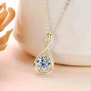 2Ct Round Cut Real Moissanite Solitaire Pendant Necklaces 14K Yellow Gold Plated - Picture 1 of 6