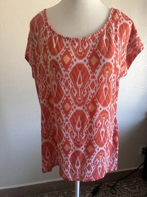 Camiseta Bobbie Brooks Estampado Geométrico Manga Gorra Dobladillo Alto Bajo Naranja y Blanco Grande Foto 1 de 4