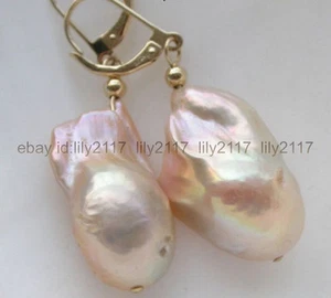 AAA Huge 21-23mm natural pink baroque keshi reborn pearl gold dangle earring 14K - Picture 1 of 6