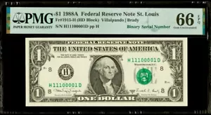1988 A $1 Dollar True Binary Serial Number H11100001D FRN St. Louis PMG 66 EPQ - Picture 1 of 2