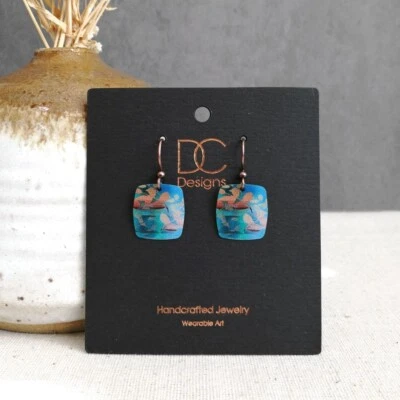 DC Designs абстрактная листва маленький квадрат серьги в бирюзовый и коричневый 29NS уникальный - Изображение 1 из 3