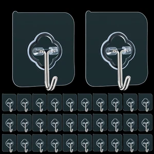 32 Pack Adhesive Hooks 33Lb Max, Transparent Reusable Wall Hooks for Hanging - Picture 1 of 12