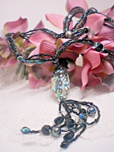 VINTAGE 'Coldwater Creek' NECKLACE PAUA + 4 STRANDS MOP BLACK SEED-BEADS+TASSEL - Picture 1 of 8