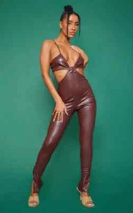 Ladies PRETTY LITTLE THING Chocolate PU Strappy Cut Out Plunge Jumpsuit Uk8T7162 - Picture 1 of 5