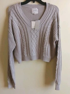 No Comment Womens Crop Sweater Pullover Sz. L Beige V Neck 100% Cotton NWT $8 - Picture 1 of 2