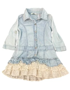 Guess Kids Girls Size 4 Light Wash Blue Denim Cotton Lace Ruffles Tiered Dress - Picture 1 of 7