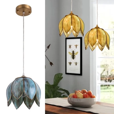Brass Glass Pendant Light, Hanging Chain lamp, with Vintage Lotus Flower Glas... - Image 1 of 4