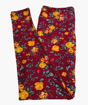 LuLaRoe Leggings TC Alto Curvilíneo Floral BORGOÑA ROJO ROSA Amarillo Otoño Otoño Suave Foto 1 de 4