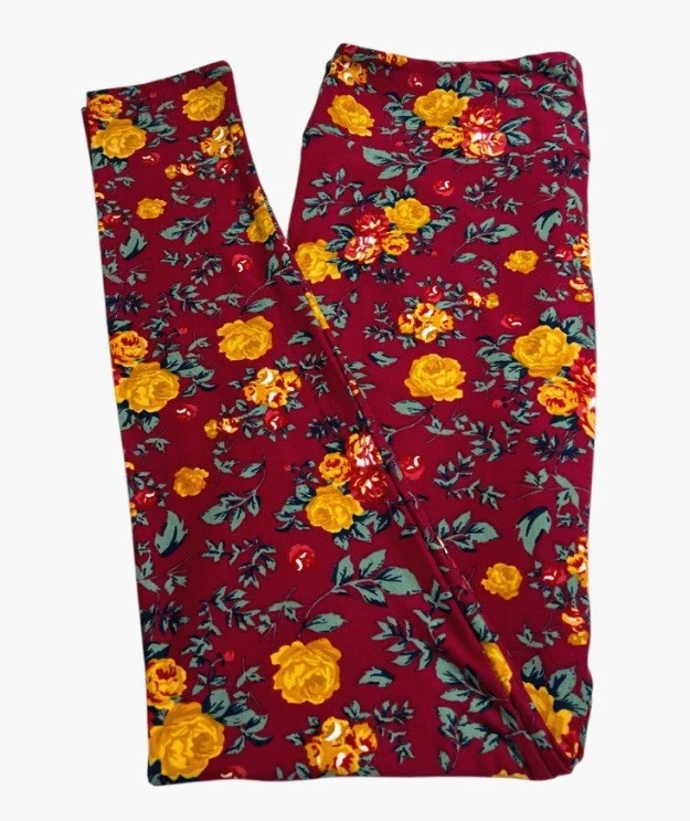 LuLaRoe Leggings TC Alto Curvilíneo Floral BORGOÑA ROJO ROSA Amarillo Otoño Otoño Suave Foto 1 de 4