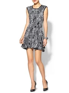 EIGHT SIXTY Black SNAKE PRINT Grey FLORAL Flared DRESS Knit STRETCHY Back Zip L - Picture 1 of 2