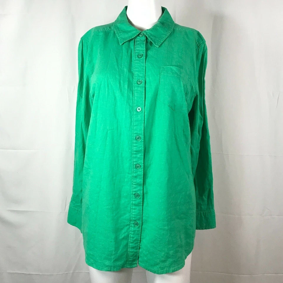 Denim & Co Shirt Womens Sz MP Petite Green Linen Blend Button Up Cuffed Sleeves - Imagem 1 de 4