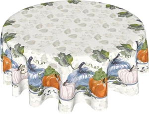 Fall Blue Pumpkin and Leaves round Tablecloth 60 Inch Thanksgiving Tablecloths A - Picture 1 of 12