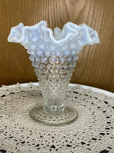 Fenton Art Glass Moonstone Vase ~ French White Opalescent Hobnail Ruffled Vase - Picture 1 of 8