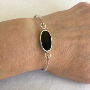 Sterling Silver Oval Black Onyx Geometric Reversible Hinged Bangle Bracelet 6.5" - Picture 1 of 24