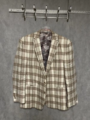 Van Heusen Blazer Men 44R Beige Tartan Plaid Linen Studio Paisley Lining Luxury - Image 1 of 4