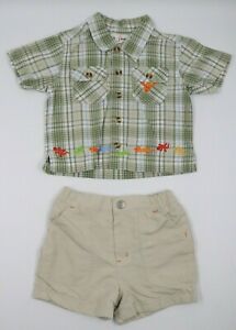 B.T. Kids Baby Boy Plaid Shirt Beige Shorts 2 Piece Outfit Set Size 3-6 Months 