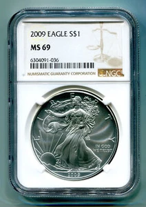 2009 American Silver Eagle NGC MS69 nueva etiqueta marrón calidad premium bonita moneda precio base - Imagen 1 de 2