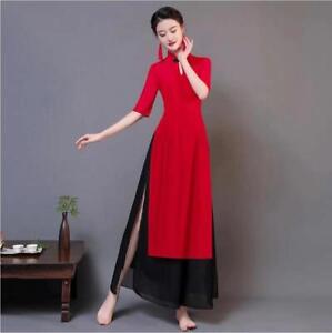 Women Modern Chinese Dance Costume Ethnic Style Cheongsam Tops Wide Leg Pants
