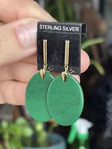 Signed AV 925 China Gold Clad Green Lucite Dangle Earrings - Picture 1 of 9