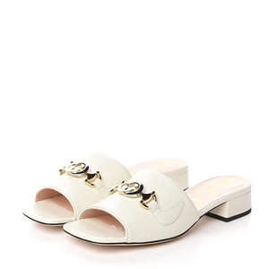 GUCCI Malaga Kid Zumi Ivory White Mixed Metal Logo Mini Heel Slide Sandal 38.5 - Picture 1 of 7