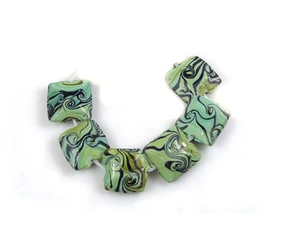 6 Handmade Lampwork Glass Green Ocean Swirl Square Beads 16mm - Image 1 of 3