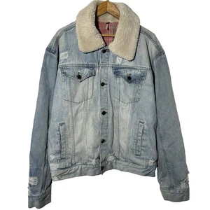 Free People Damen Jeansjacke Flanell gefüttert Sherpa Kragen Distressed Gr. Large - Bild 1 von 14