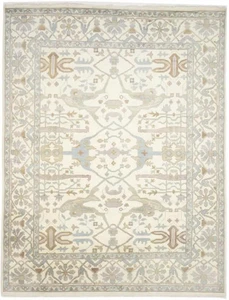 Hand-Knotted Oushak Oriental Rug 9X12 ft Large Muted Colors Cream Floral Carpet - Picture 1 of 13