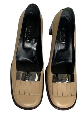 VTG Gucci Leather Heels Camel/ Silver Tone Logo/Vamp Fringe Detail/Block Heel 6B - Image 1 of 4