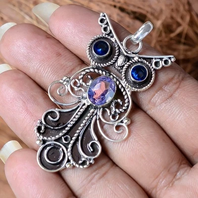 Ciondolo gufo fatto a mano in argento sterling 925 con ametista sfaccettata... - Immagine 1 di 4