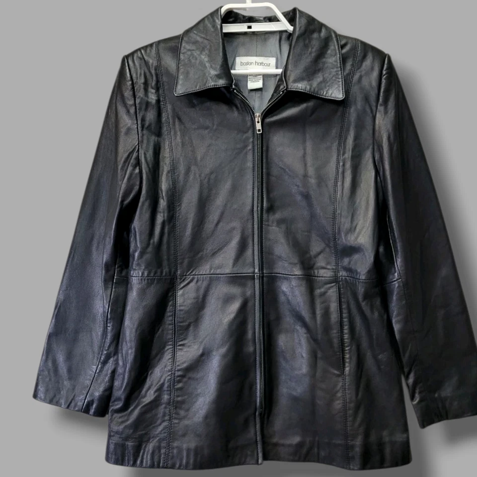 Chaqueta Boston Harbour Mujer Mediana Cuero Negro Cremallera Frontal Clásico Forrado Abrigo Foto 1 de 4