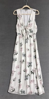 Lucky Brand Dress M Off White Pink Floral Tie Front Maxi Vacation Cottage Resort - Image 1 of 4