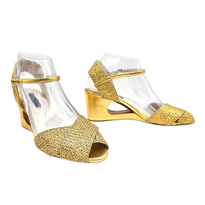 RALPH LAUREN PURPLE LABEL - VINTAGE Dessa Gold Woven Nappa Leather Pumps, 7 B - Picture 1 of 11