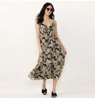 LC Lauren Conrad Knot-Front Midi Dress Size Large Floral Ruffle Hem Tiered Lined - Image 1 of 4