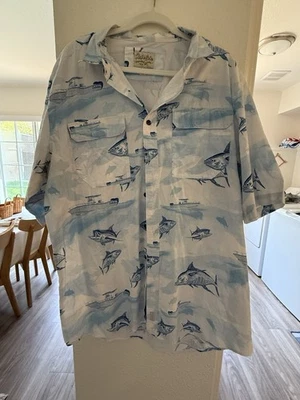 Cabelas Button Up Short Sleeve Shirt Fish Walley Print Size 2X Outdoors Mens EUC - Image 1 of 3