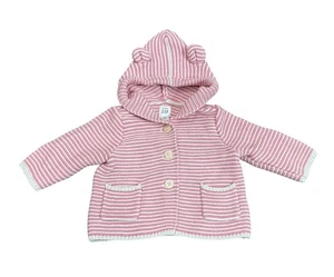 Baby Gap Girls Garter Knit Bear Hoodie Sweater Cardigan 3-6 Months Buttons Pink - Picture 1 of 4