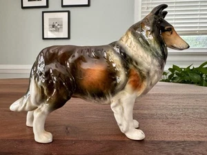 Statuina cane collie vintage in piedi, ceramica, Giappone, alta 6,25”, larga 9”, bella! - Foto 1 di 11