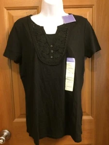 Laura Scott Black Onyx Lace Overlay Short Sleeve Tee Shirt Misses Size Small NWT - Picture 1 of 4