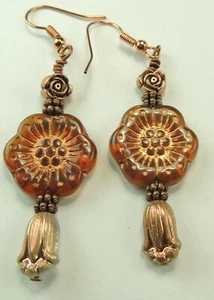 Kupferfarben Tschechische Blume Ohrring Handarbeit Schmuck - Bild 1 von 1
